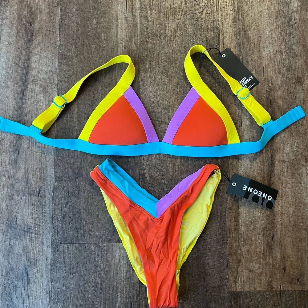 NWT OneOne Swim Bikini Set with Yellow, Red, and Blue Accents